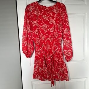 Red Flying Tomato red floral dress with ruffle bottom, tie waist, ballon sleeves